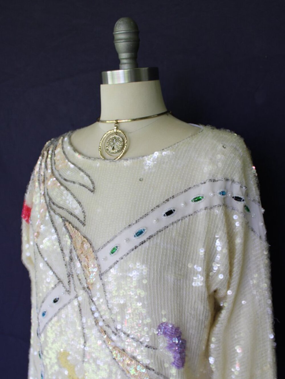 Oleg Cassini vintage 80s sequin beaded opalescent silver silk dress top tunic M - Picture 5 of 11